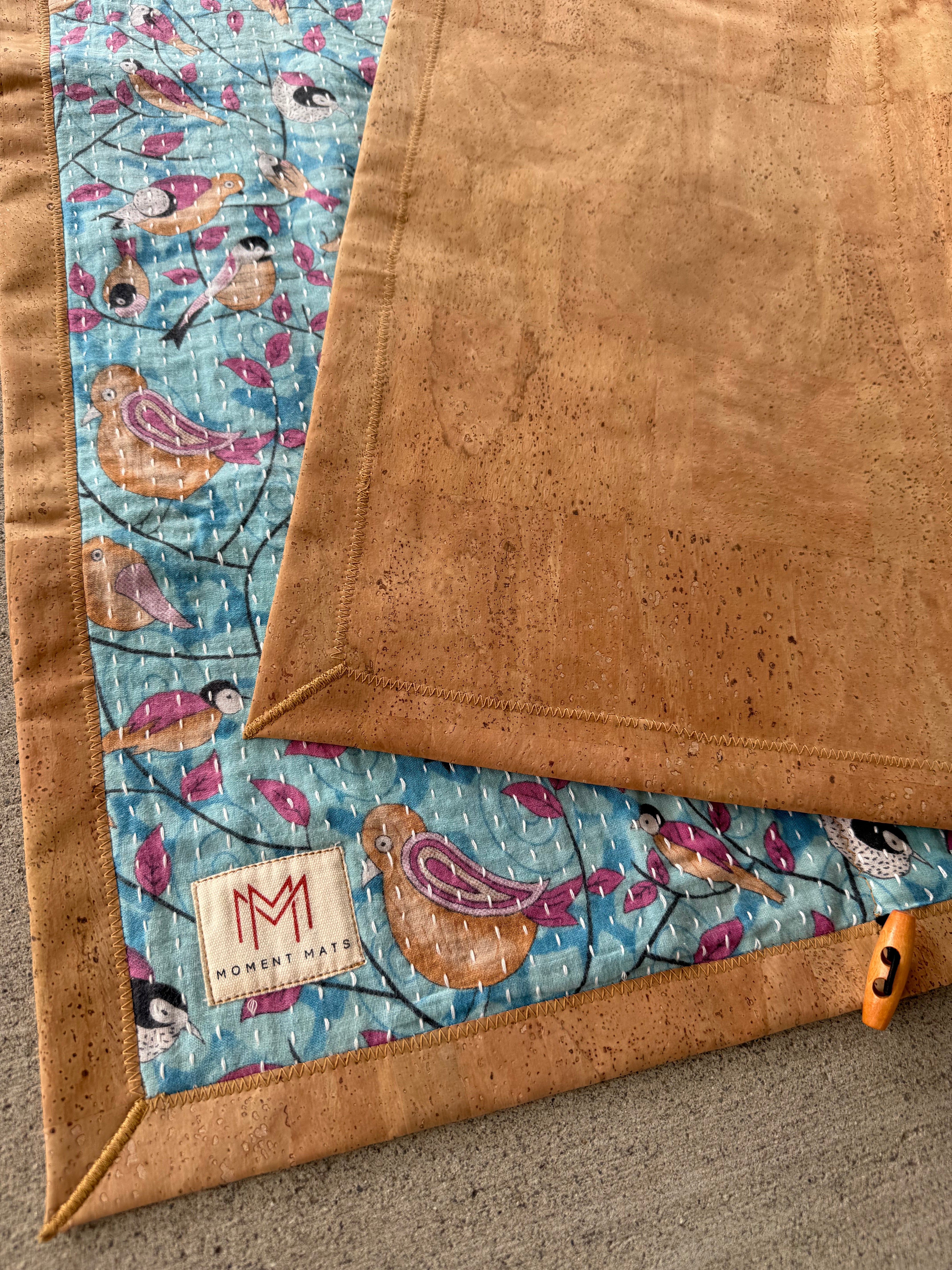(Sold) BLUE BIRD FLORAL SARI with UNIQUE PATCHWORK & NATURAL CORK