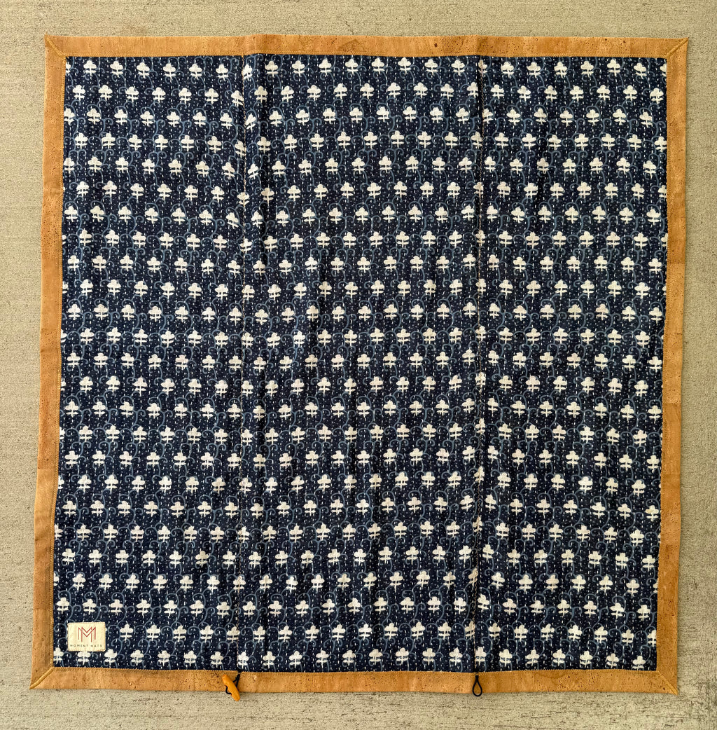 (sold) NAVY BLUE GEOMETRIC SARI with UNIQUE PATCHWORK & NATURAL CORK