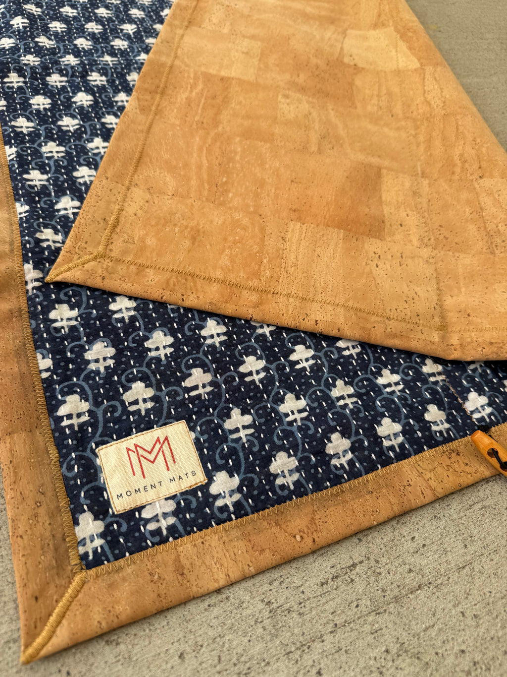 (sold) NAVY BLUE GEOMETRIC SARI with UNIQUE PATCHWORK & NATURAL CORK