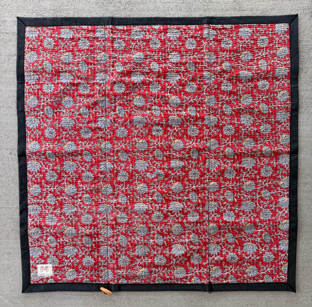 (SOLD) RED & BLUE FLORAL SARI with UNIQUE PATCHWORK & PREMIUM BLACK CORK