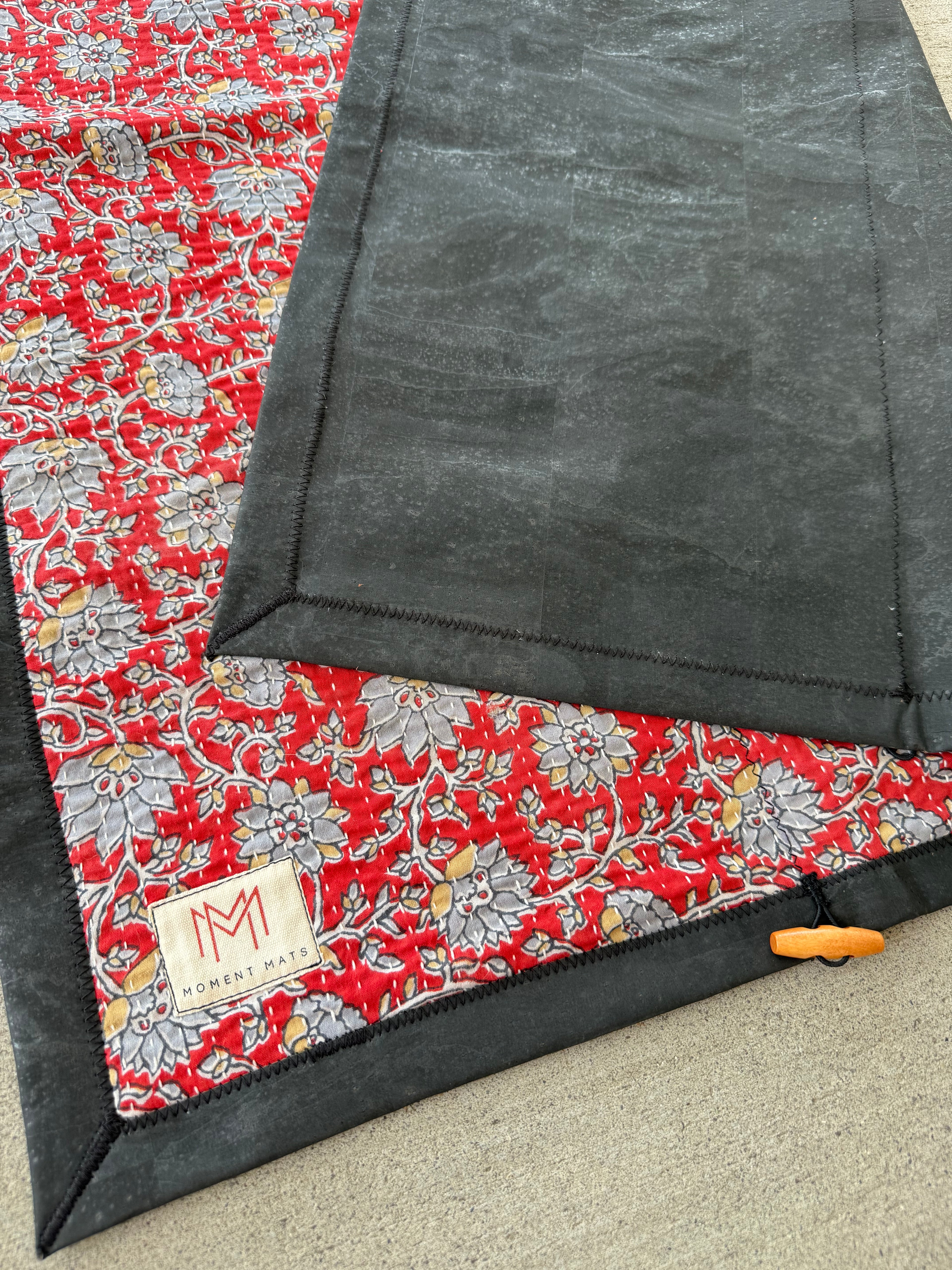 (SOLD) RED & BLUE FLORAL SARI with UNIQUE PATCHWORK & PREMIUM BLACK CORK