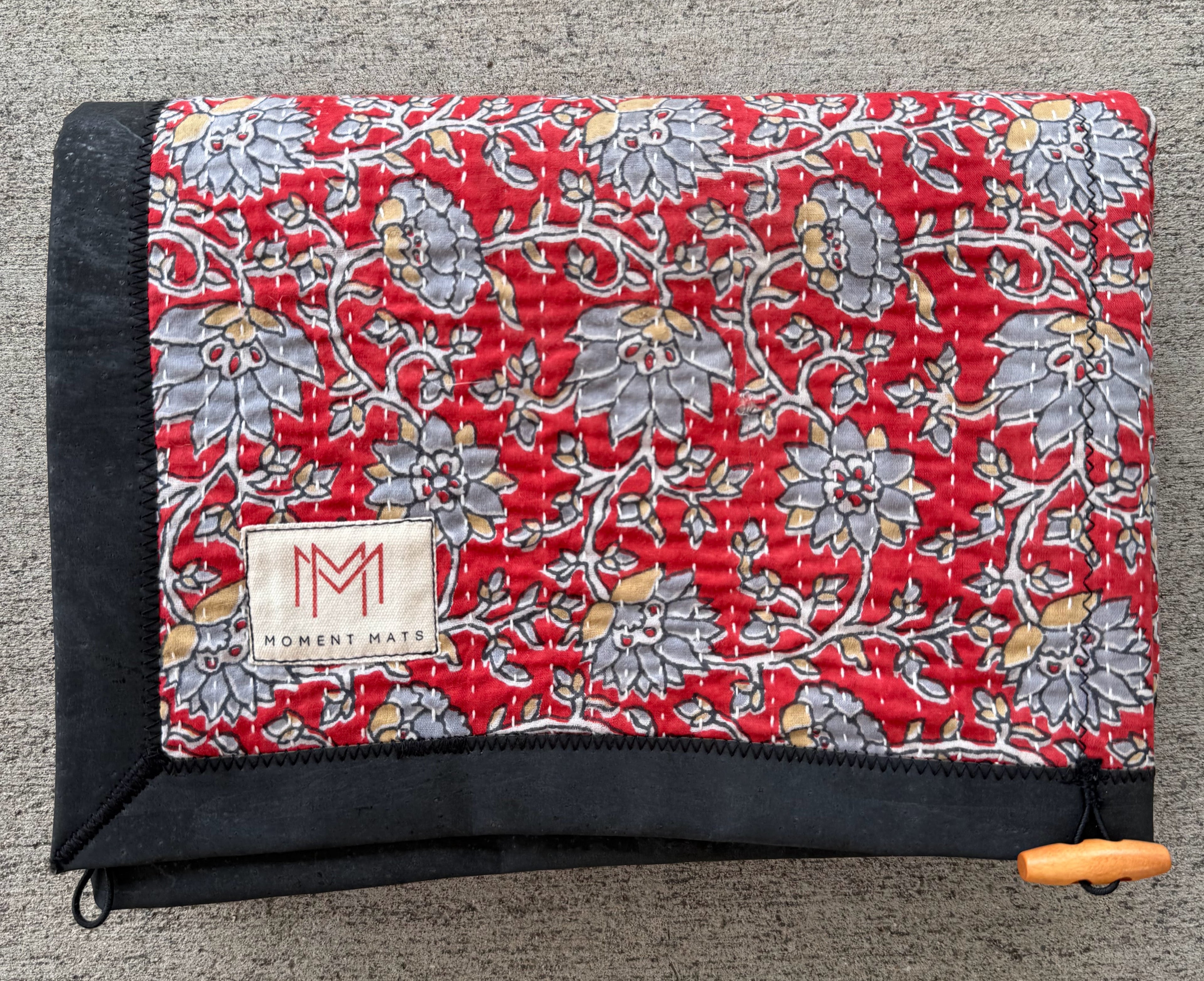 (SOLD) RED & BLUE FLORAL SARI with UNIQUE PATCHWORK & PREMIUM BLACK CORK