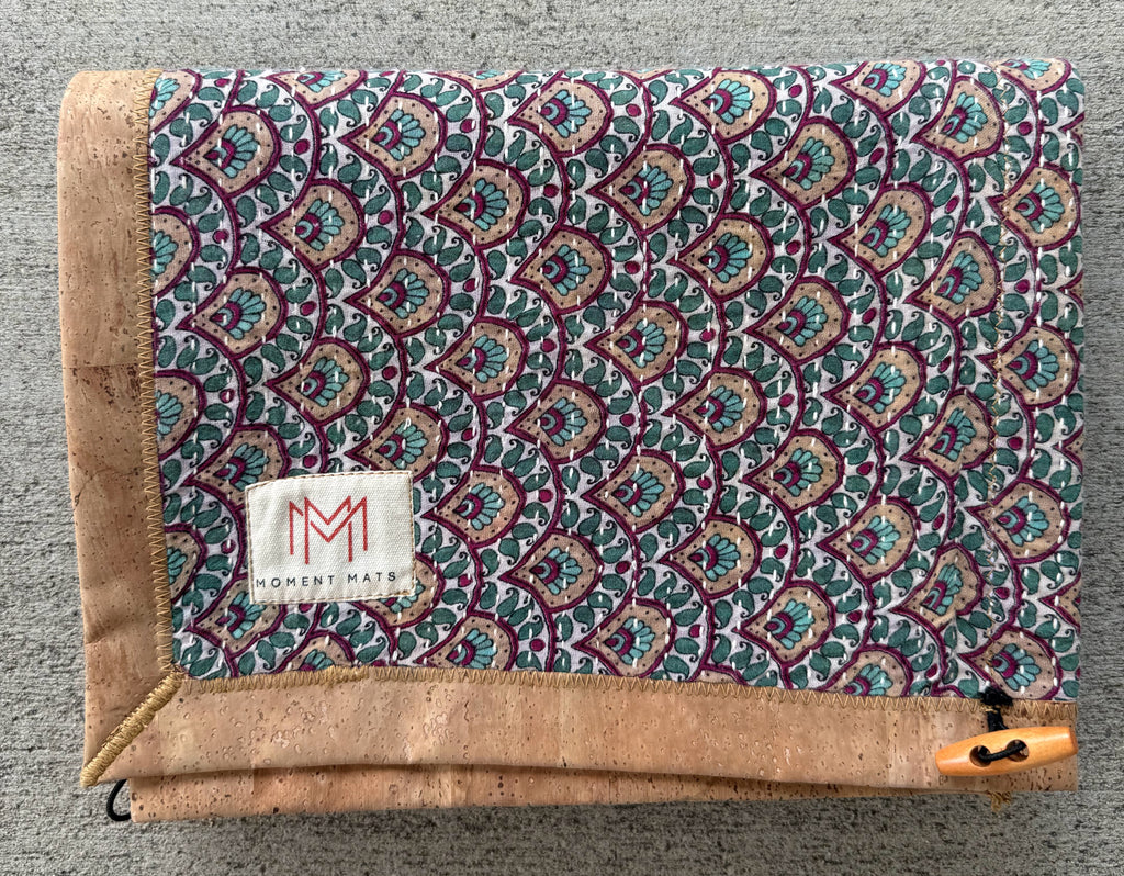 (sold) TEAL PEACOCK SARI with UNIQUE PATCHWORK & NATURAL CORK