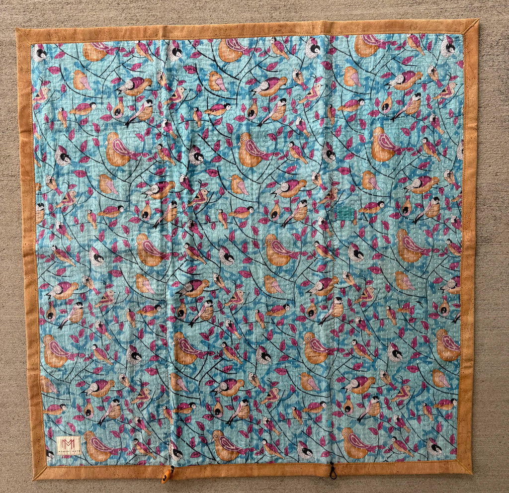 (sold) BLUE BIRD FLORAL SARI with UNIQUE PATCHWORK & NATURAL CORK