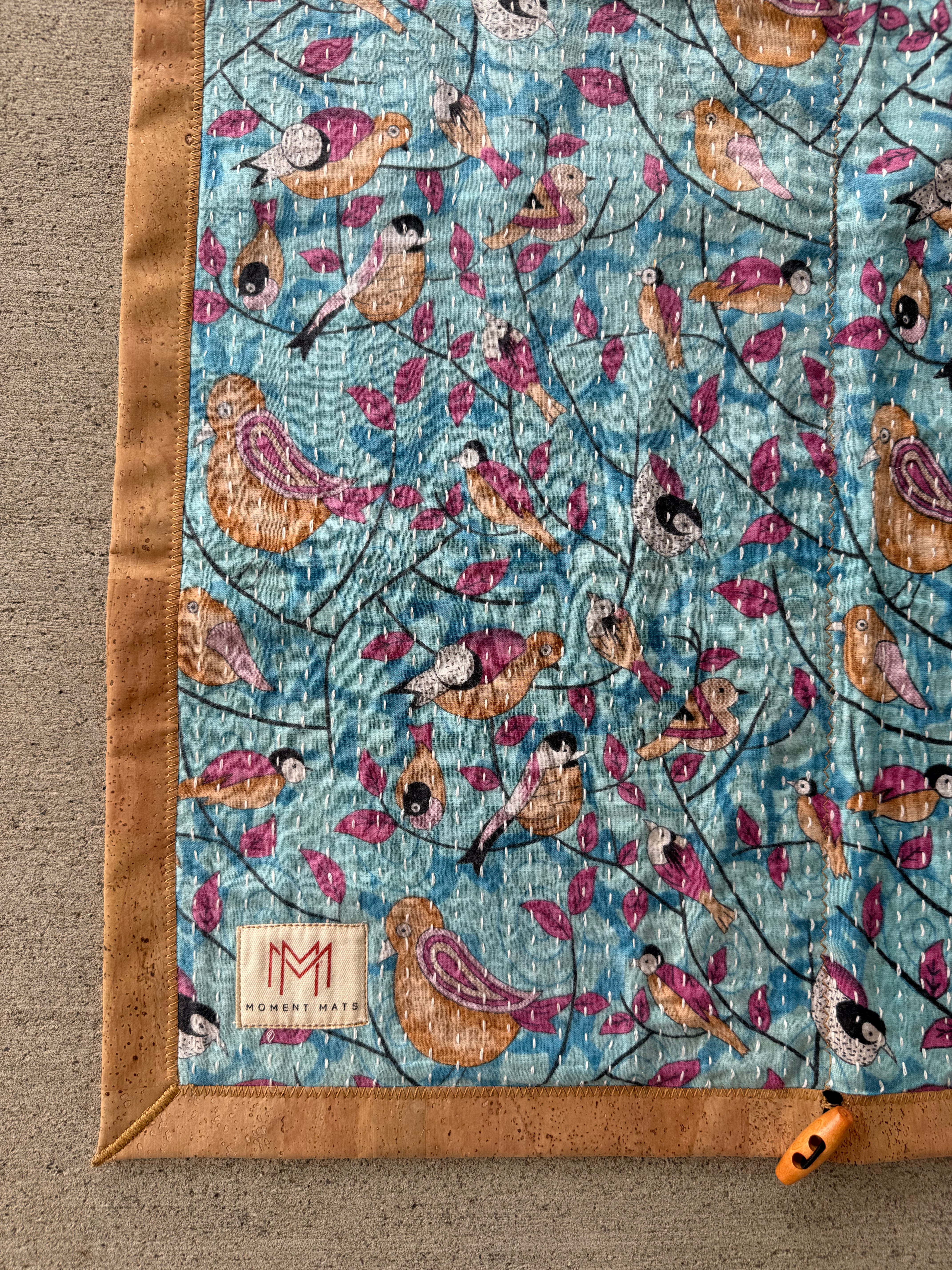(Sold) BLUE BIRD FLORAL SARI with UNIQUE PATCHWORK & NATURAL CORK