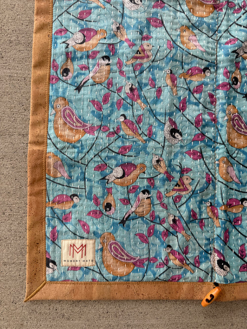 (sold) BLUE BIRD FLORAL SARI with UNIQUE PATCHWORK & NATURAL CORK