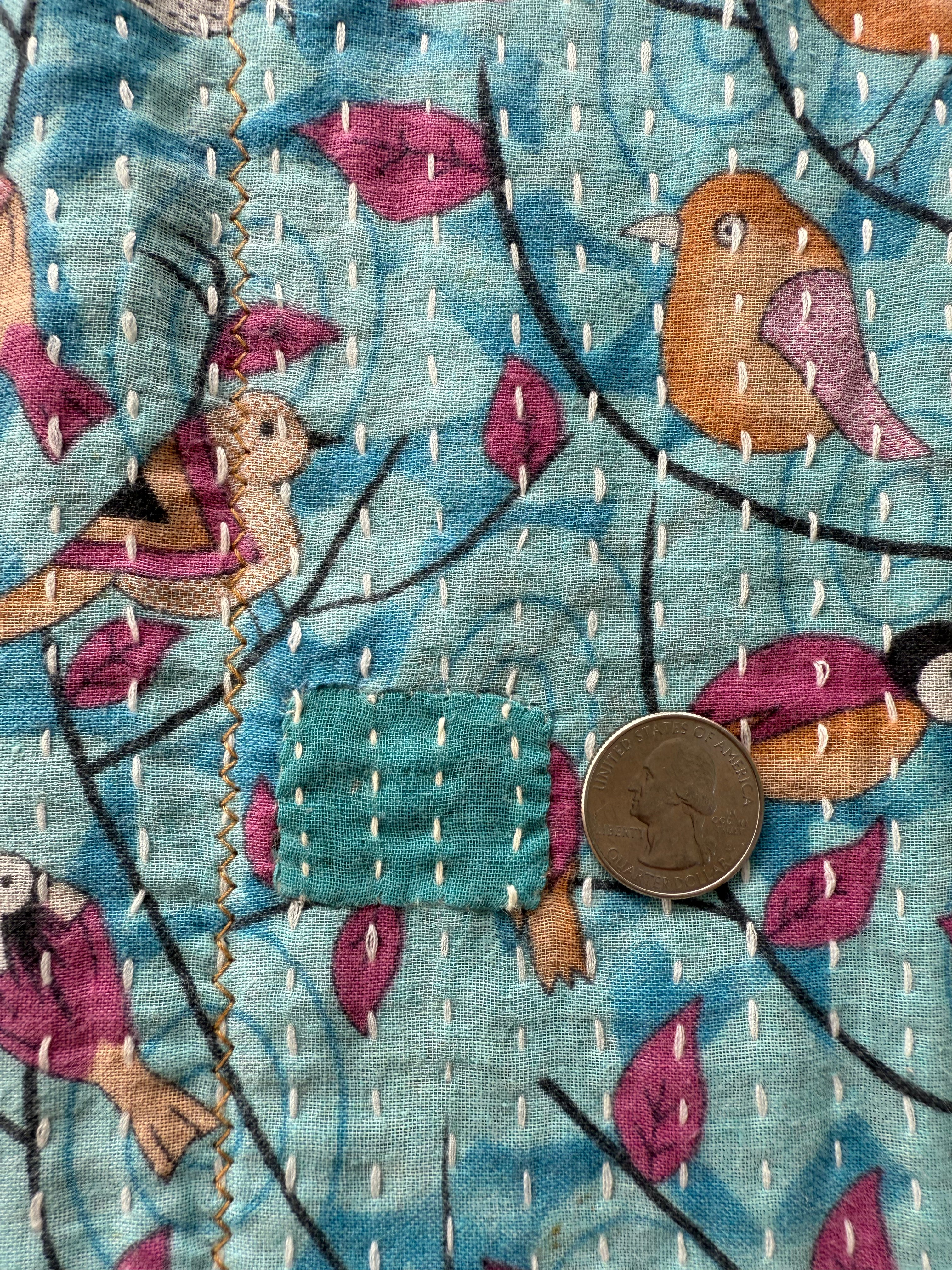 (Sold) BLUE BIRD FLORAL SARI with UNIQUE PATCHWORK & NATURAL CORK