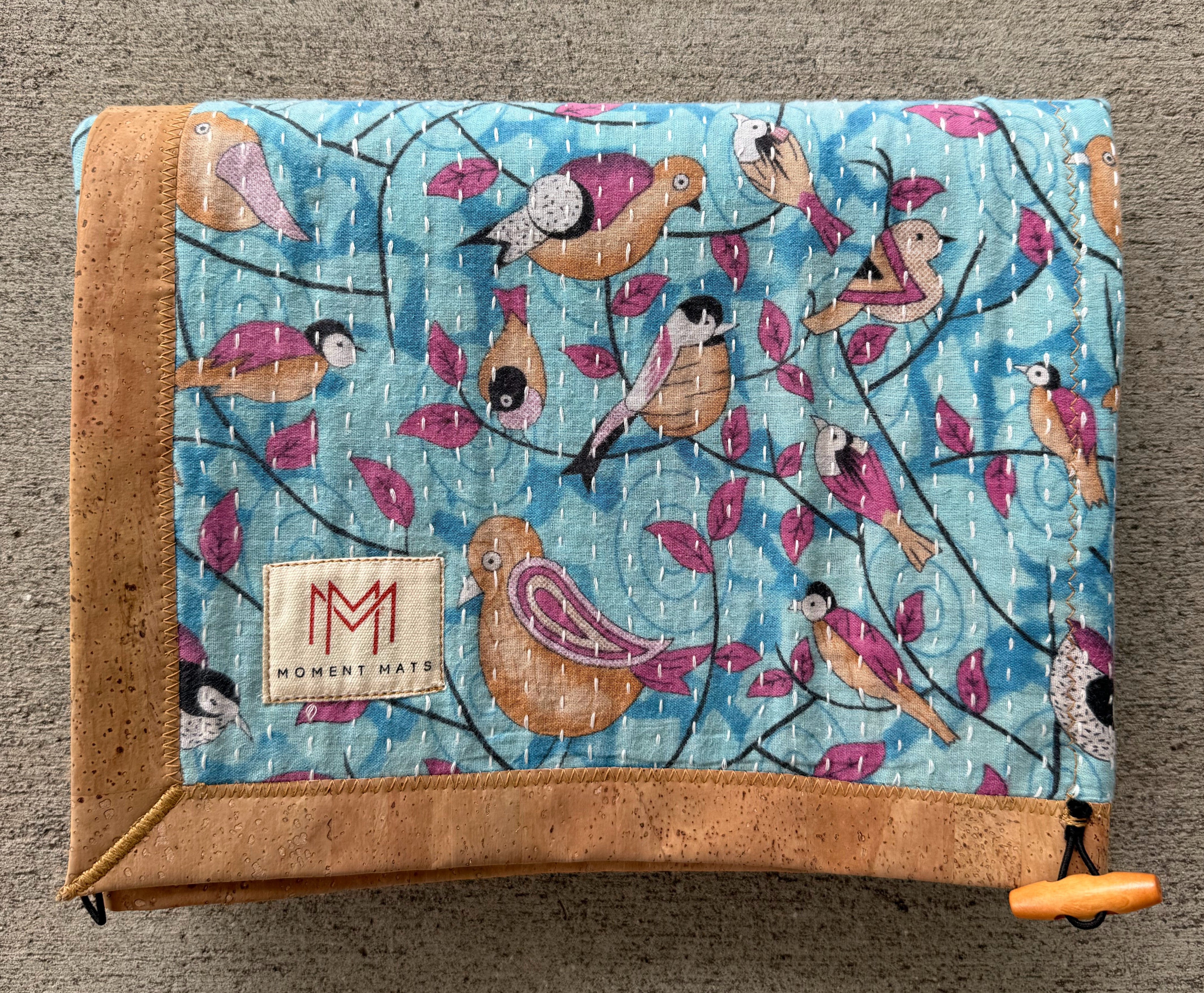 (Sold) BLUE BIRD FLORAL SARI with UNIQUE PATCHWORK & NATURAL CORK