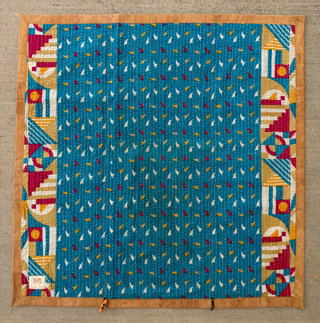 (sold) BLUE ABSTRACT SARI with UNIQUE PATCHWORK & NATURAL CORK