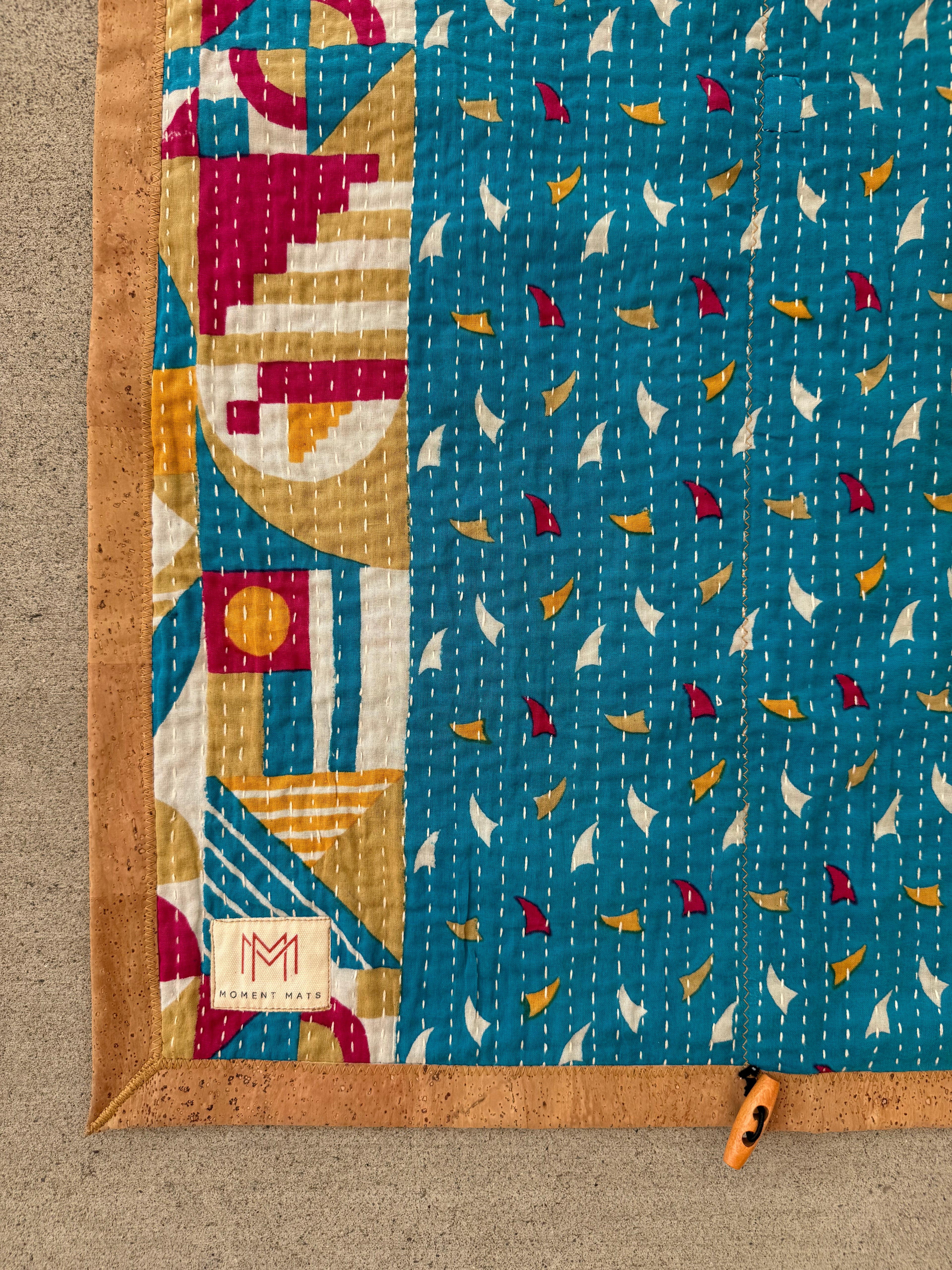 (sold) BLUE ABSTRACT SARI with UNIQUE PATCHWORK & NATURAL CORK