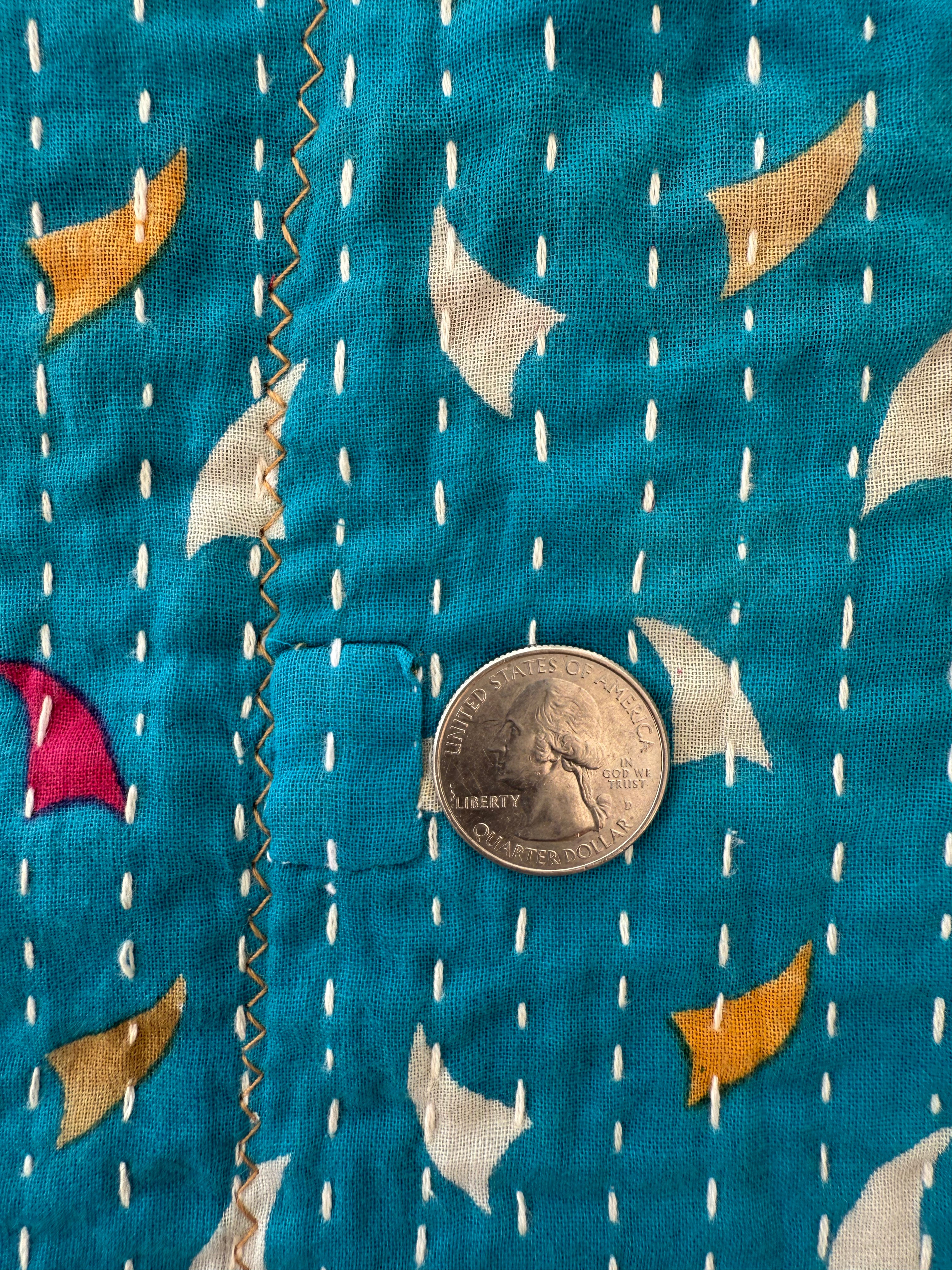 (sold) BLUE ABSTRACT SARI with UNIQUE PATCHWORK & NATURAL CORK