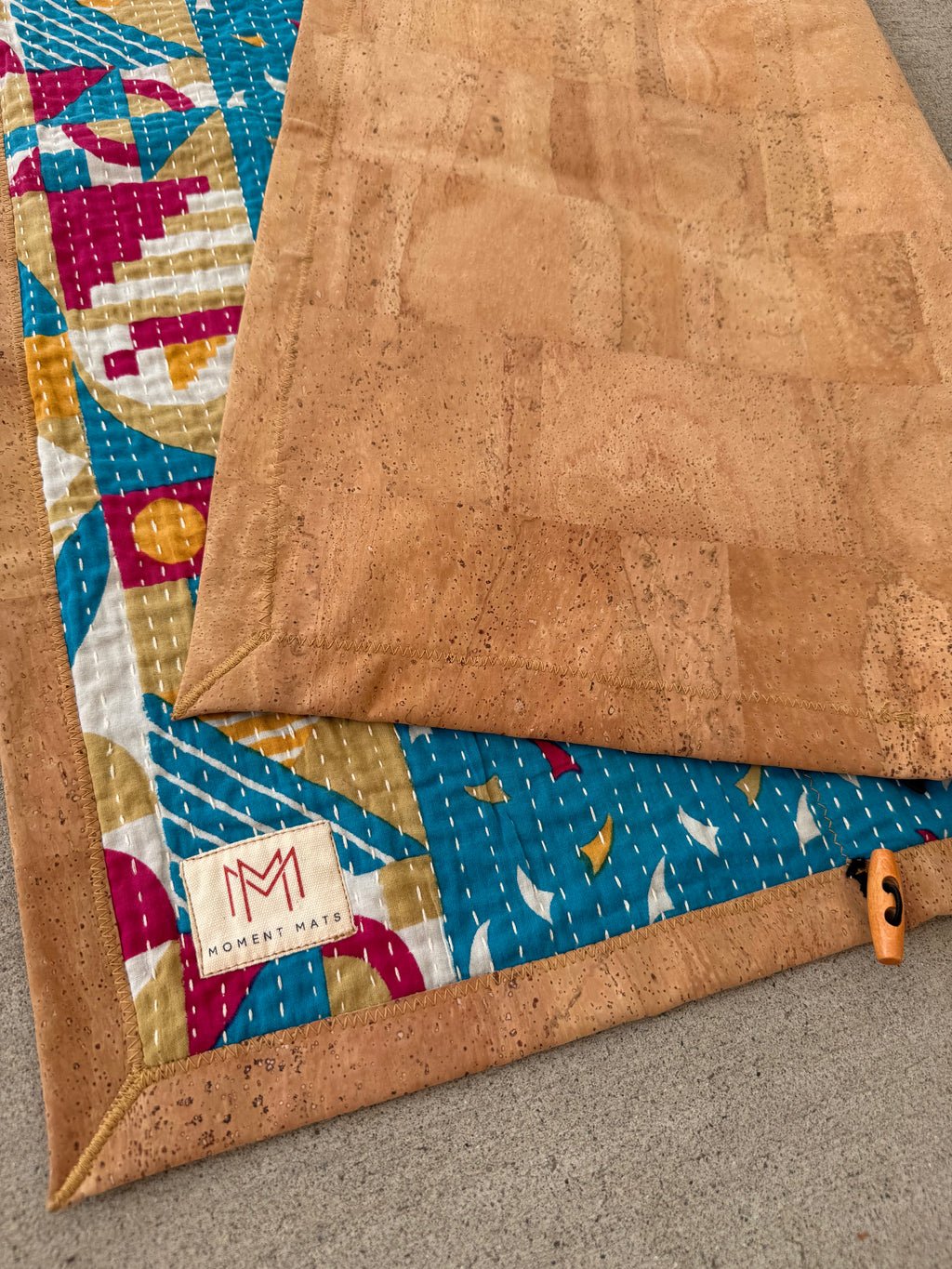 (sold) BLUE ABSTRACT SARI with UNIQUE PATCHWORK & NATURAL CORK