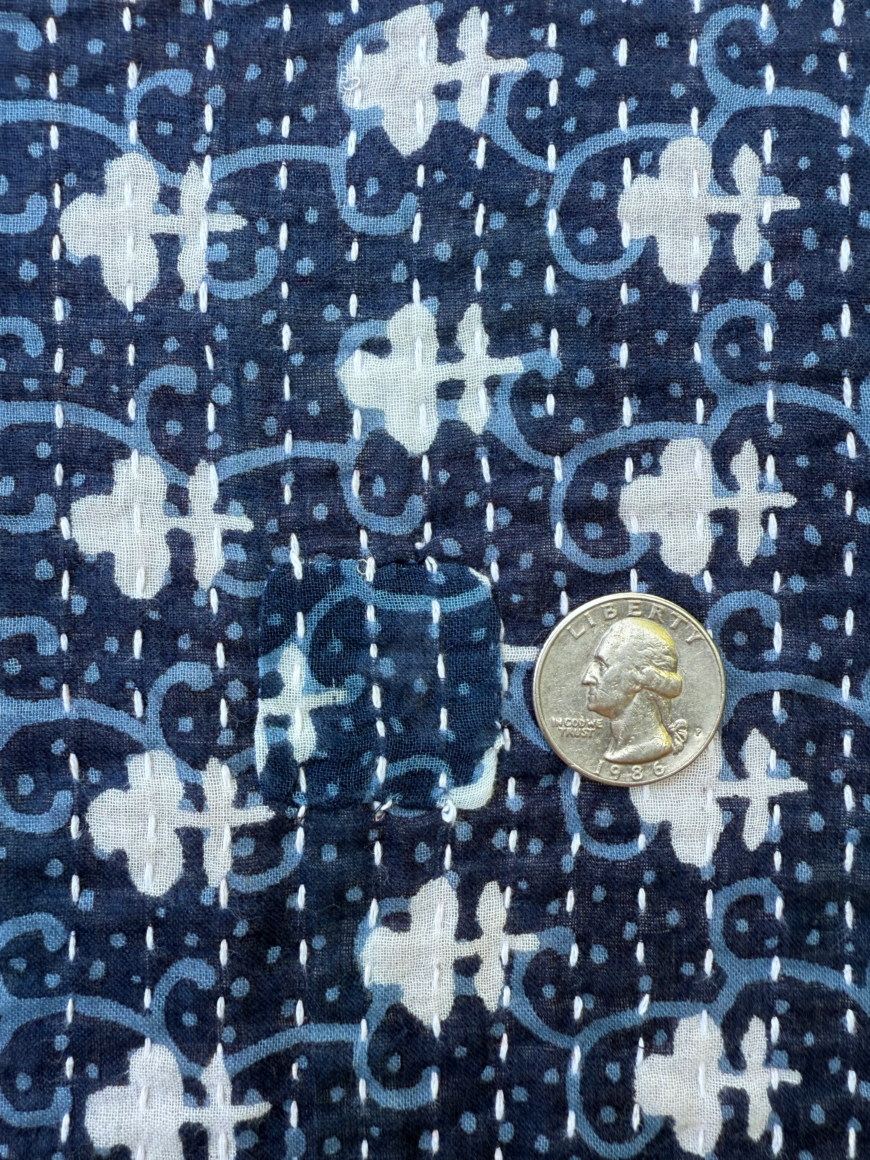 (sold) NAVY BLUE GEOMETRIC SARI with UNIQUE PATCHWORK & NATURAL CORK