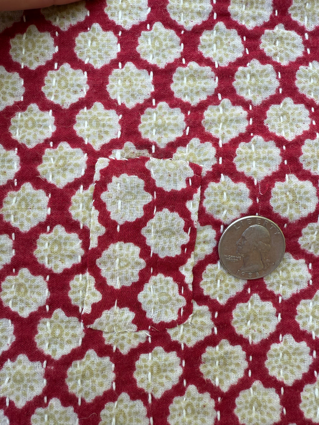 (sold) SMALL RED FLORAL SARI with UNIQUE PATCHWORK & NATURAL CORK