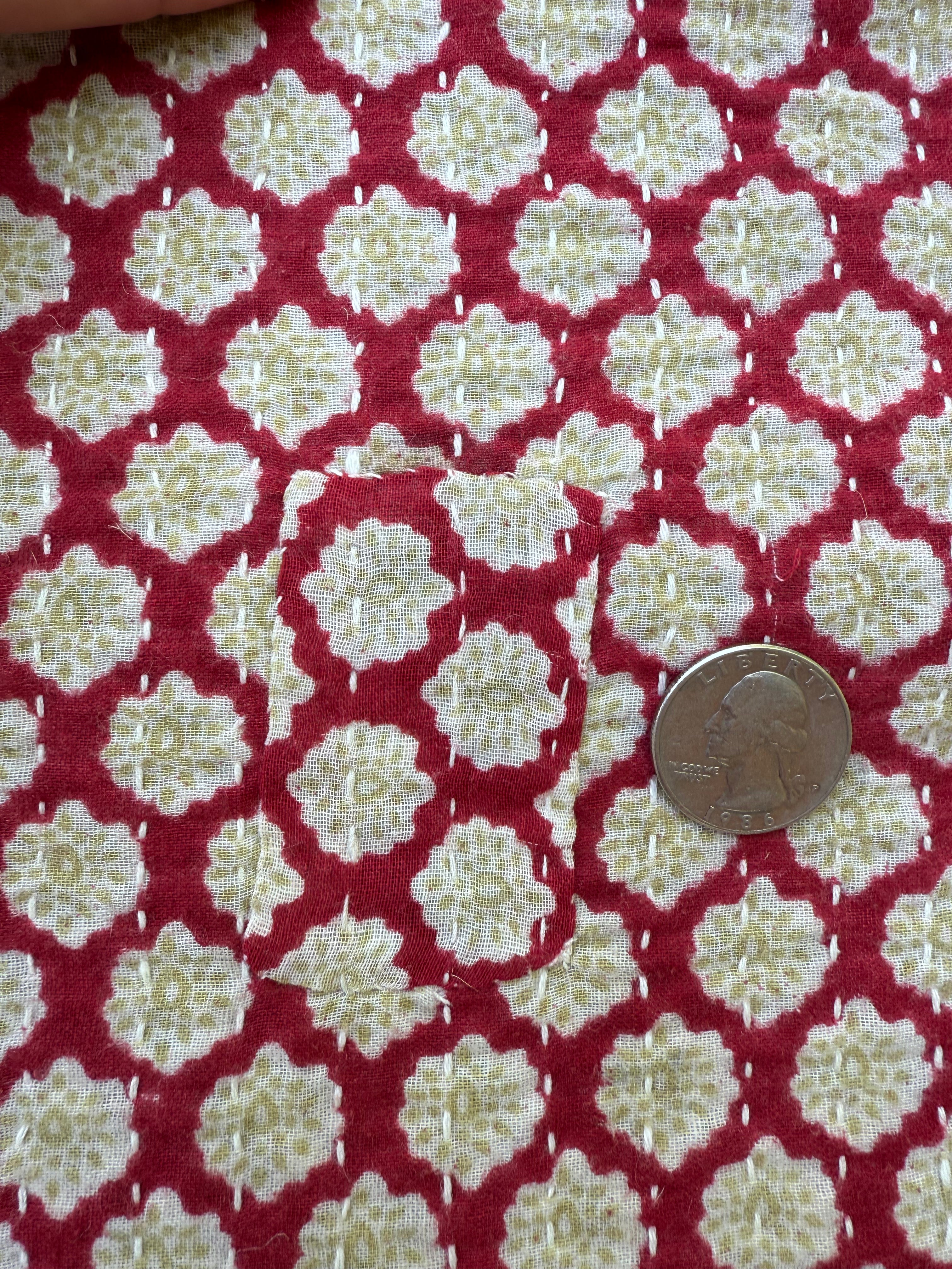 (sold) SMALL RED FLORAL SARI with UNIQUE PATCHWORK & NATURAL CORK