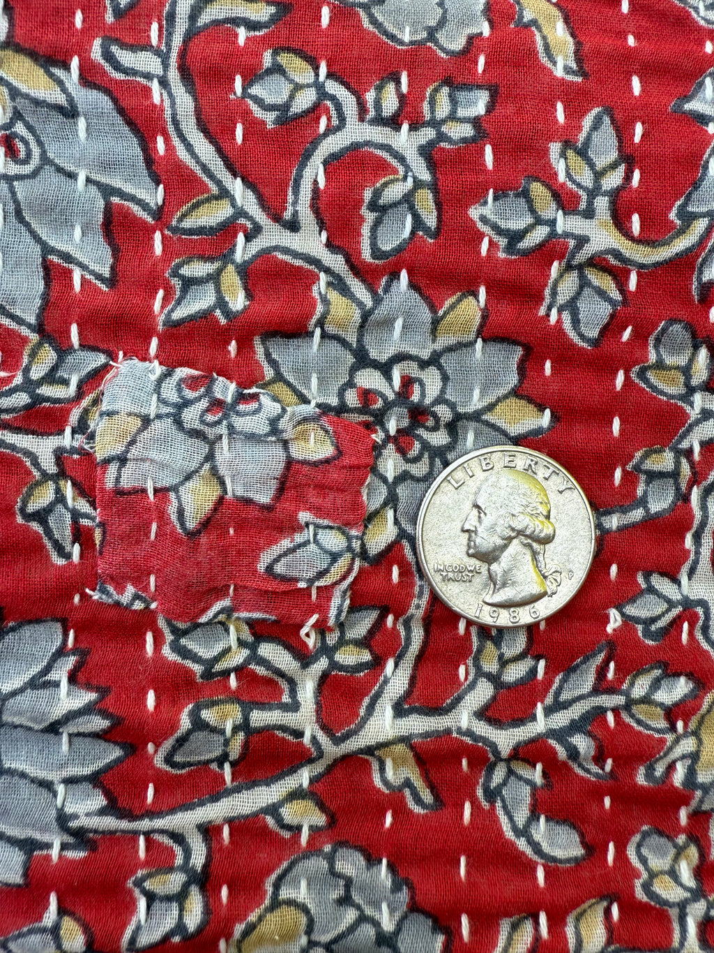 (SOLD) RED & BLUE FLORAL SARI with UNIQUE PATCHWORK & PREMIUM BLACK CORK