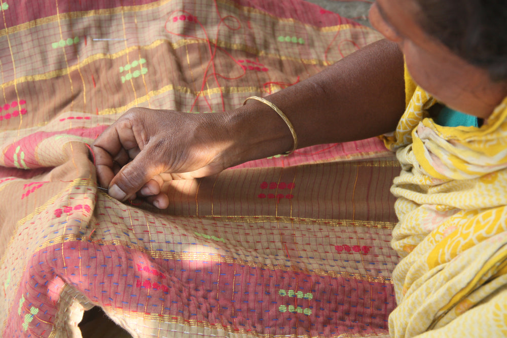 (sold) RED GEOMETRIC SARI with UNIQUE PATCHWORK & NATURAL CORK
